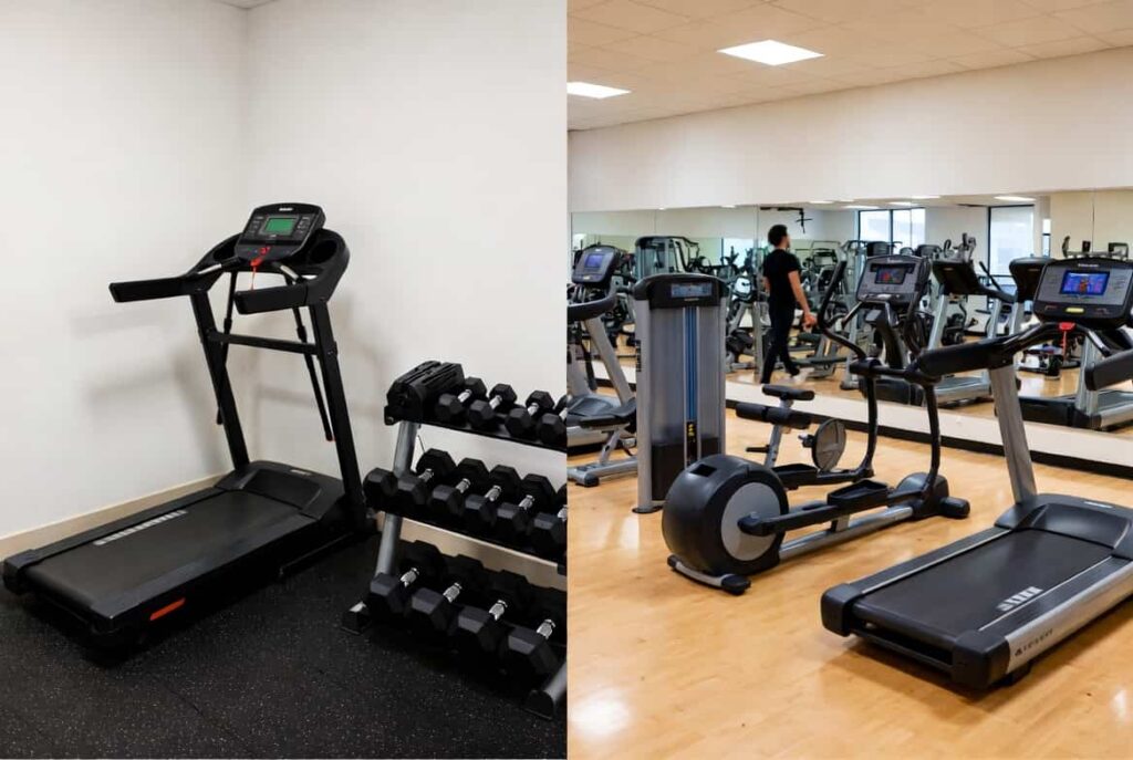 Comparison of compact home gym setup and full-size commercial gym equipment