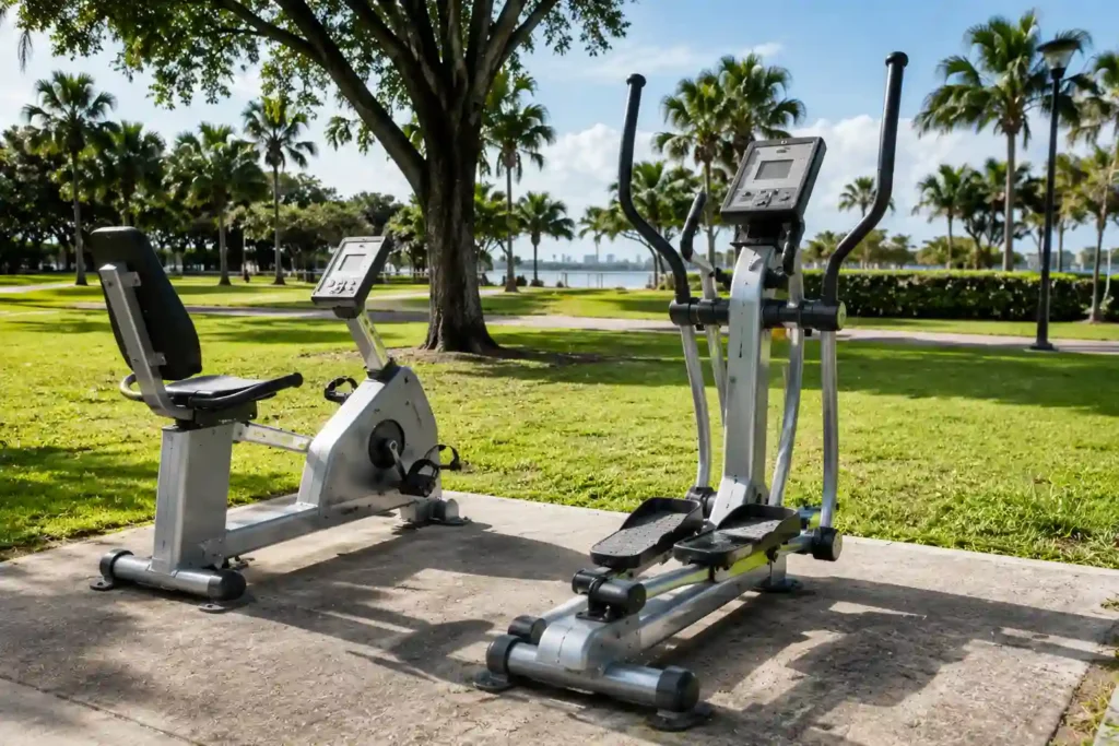 Outdoor elliptical trainer and recumbent bike cardio stations installed in a public park