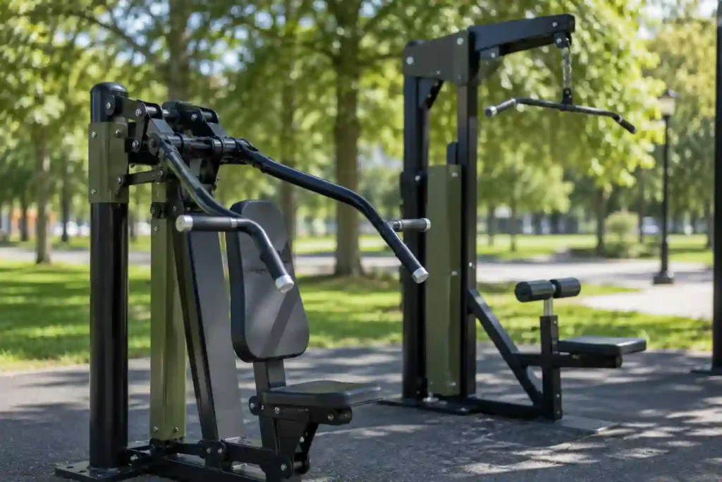 Outdoor chest press and lat pulldown strength station with powder-coated steel frame