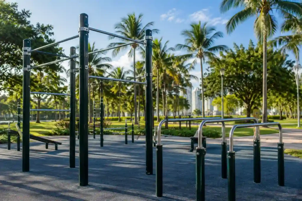 Pull-up bars and parallel bars at an outdoor calisthenics fitness park"