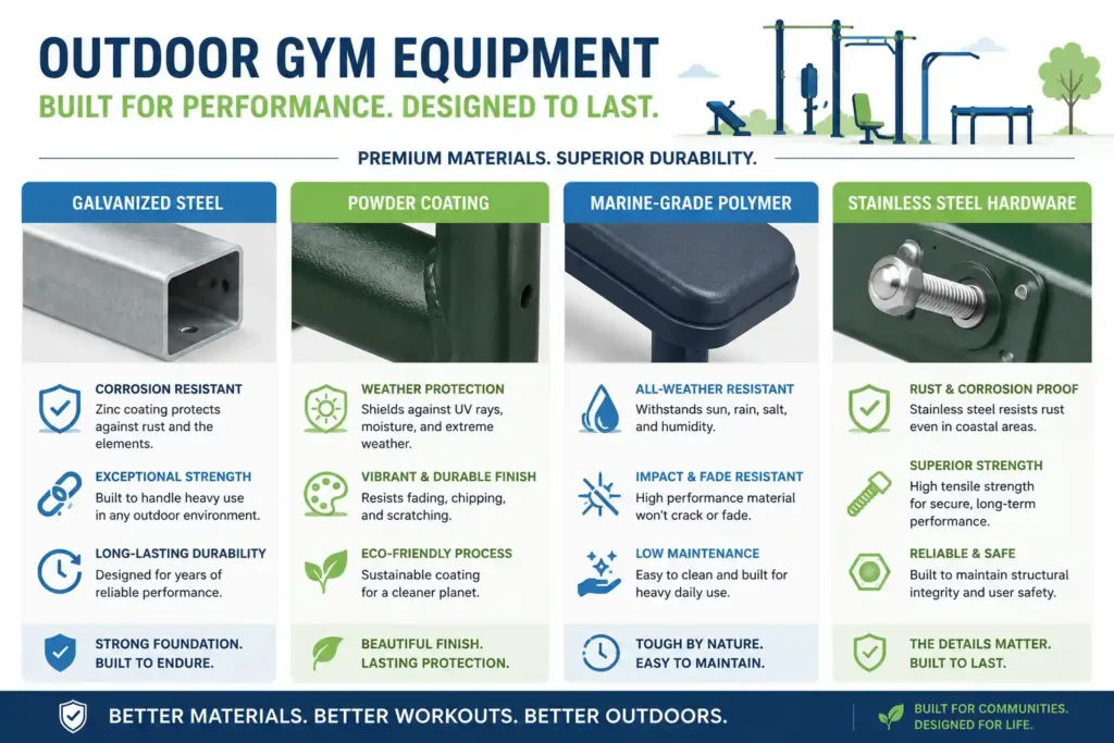 Infographic comparing outdoor gym equipment materials: galvanized steel, powder coating, stainless steel