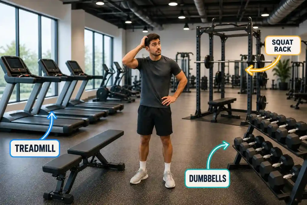 Beginner looking at labeled gym equipment names on a gym floor
