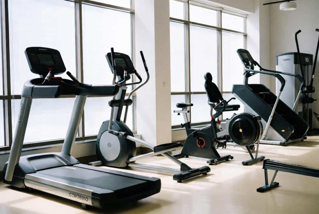 Row of gym cardio machines including treadmill, elliptical, bike, rower, and stair climber