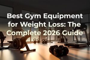 Best gym equipment for weight loss featured in a modern home gym setup with rowing machine and dumbbells