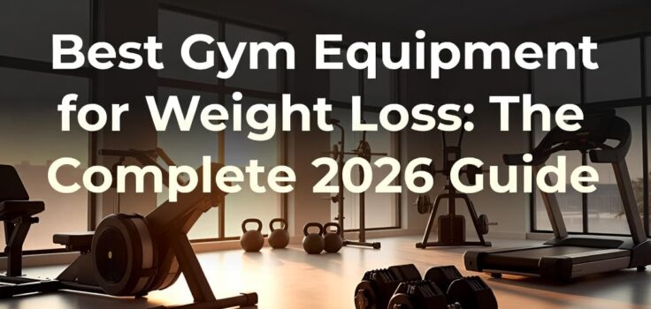 Best gym equipment for weight loss featured in a modern home gym setup with rowing machine and dumbbells