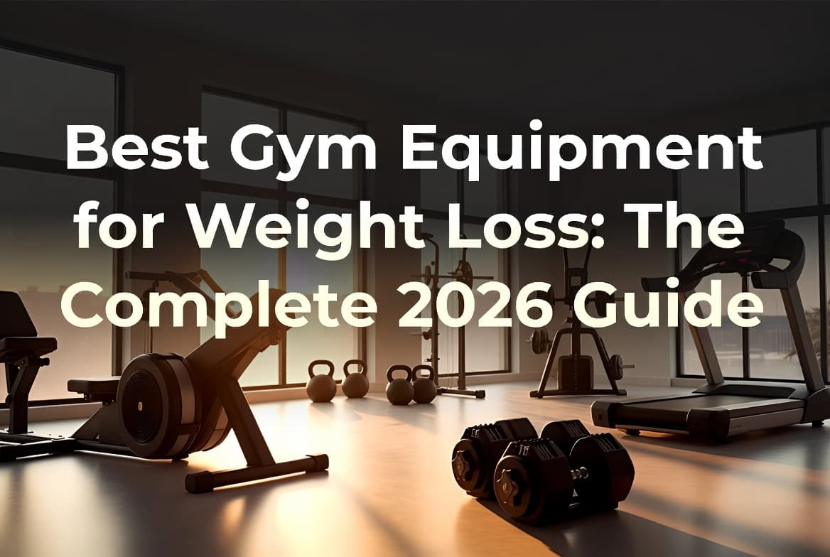 Best gym equipment for weight loss featured in a modern home gym setup with rowing machine and dumbbells