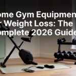 Home gym equipment for weight loss setup with dumbbells, exercise bike, and resistance bands in a bright apartment corner