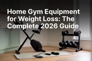 Home gym equipment for weight loss setup with dumbbells, exercise bike, and resistance bands in a bright apartment corner
