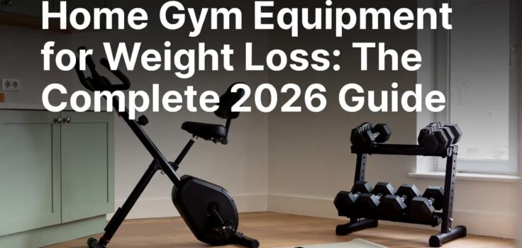 Home gym equipment for weight loss setup with dumbbells, exercise bike, and resistance bands in a bright apartment corner