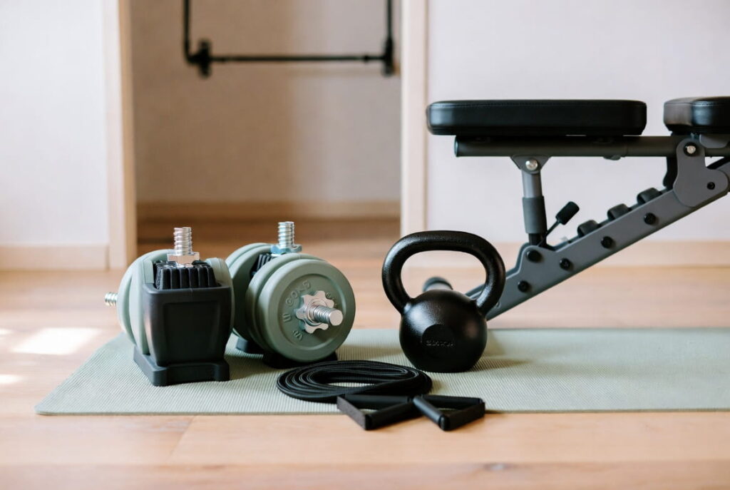 Home strength training equipment with dumbbells, kettlebell, resistance bands, and workout bench