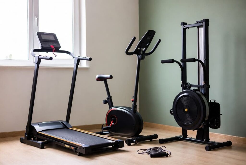 Compact home cardio equipment including treadmill, exercise bike, and rowing machine for weight loss