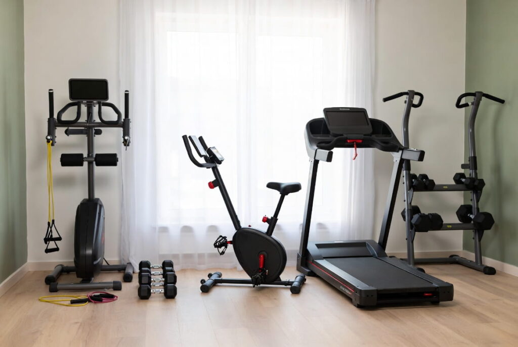 Home gym equipment arranged by budget tier from starter to premium setup for weight loss