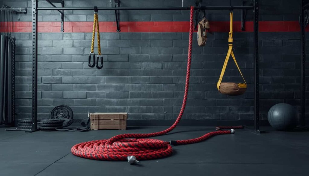 Functional training equipment including pull-up bar, battle ropes, and TRX suspension trainer