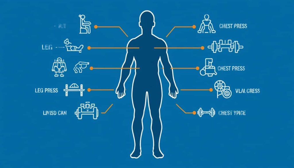 Infographic linking gym equipment to targeted muscle groups on a human body diagram