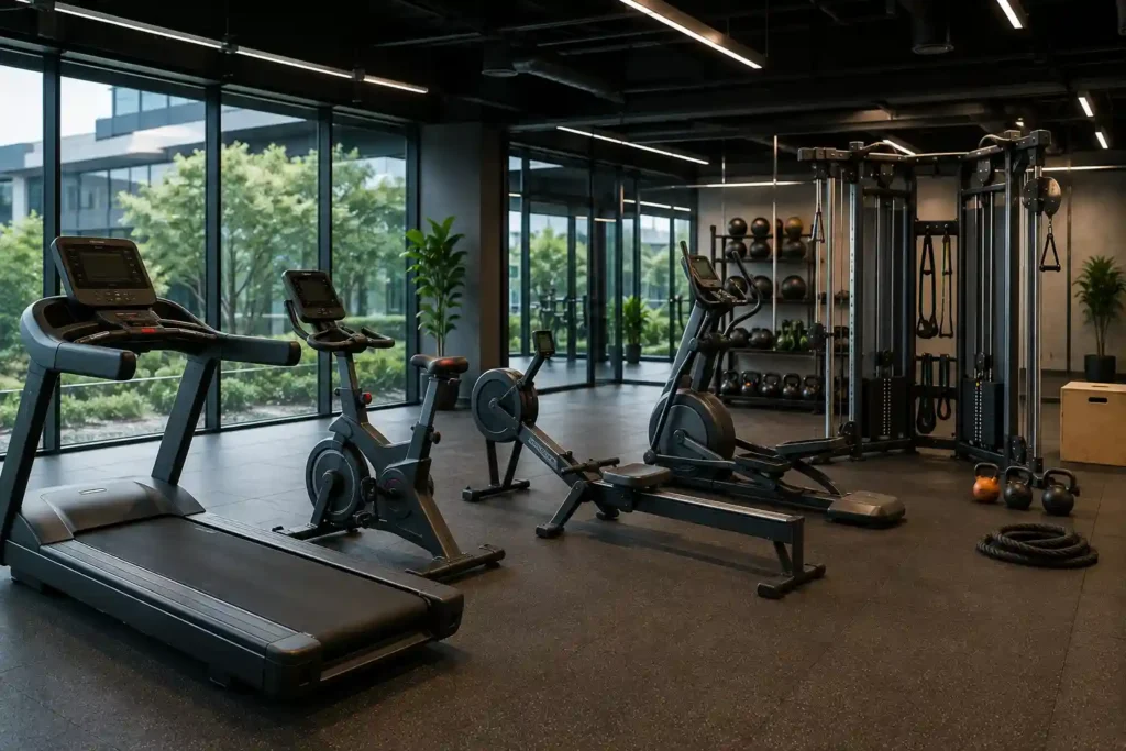 Cardio and functional fitness equipment in a modern commercial gym