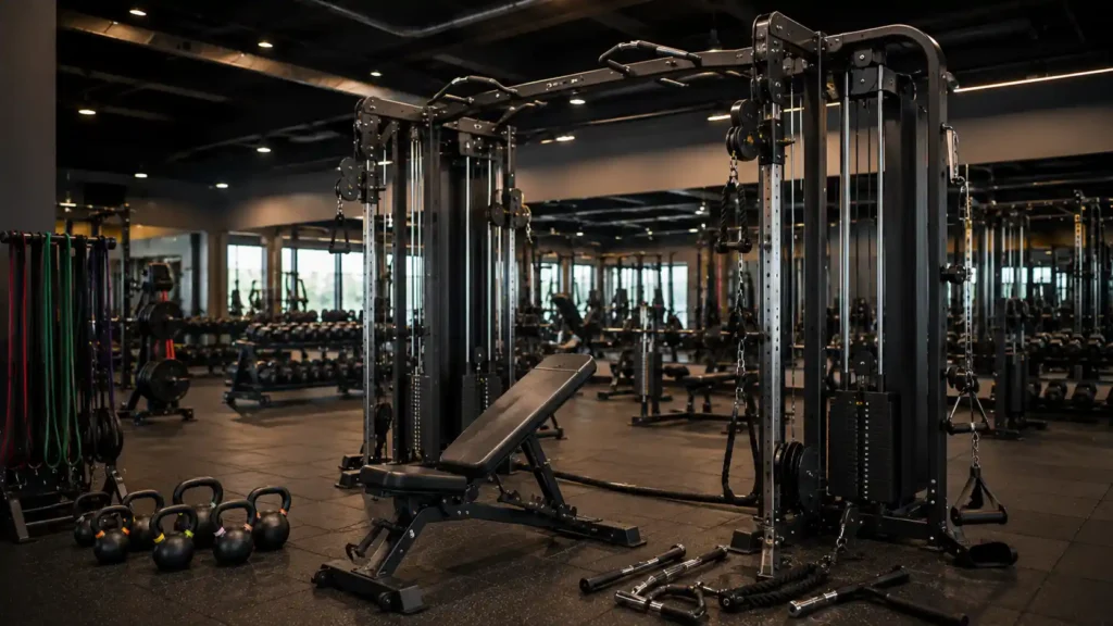 Cable machine and resistance training equipment in a modern gym