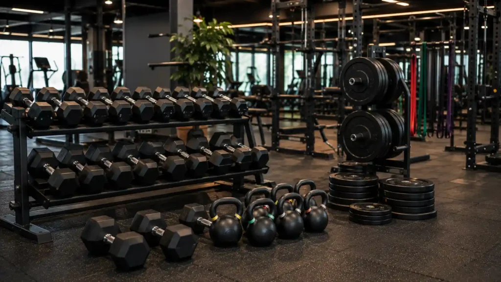 Dumbbells and kettlebells arranged in a functional training gym