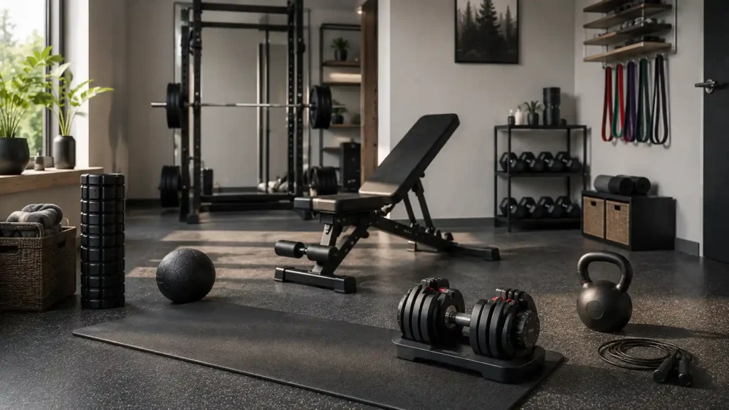 Home gym setup with essential equipment for different workouts