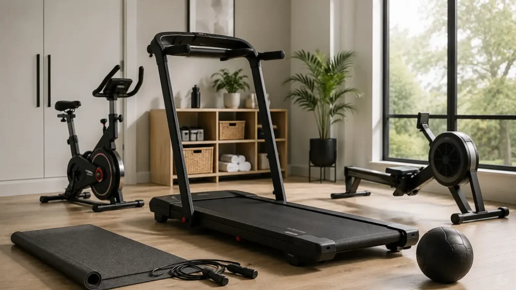 Compact home cardio setup with treadmill, exercise equipment, yoga mat and medicine ball