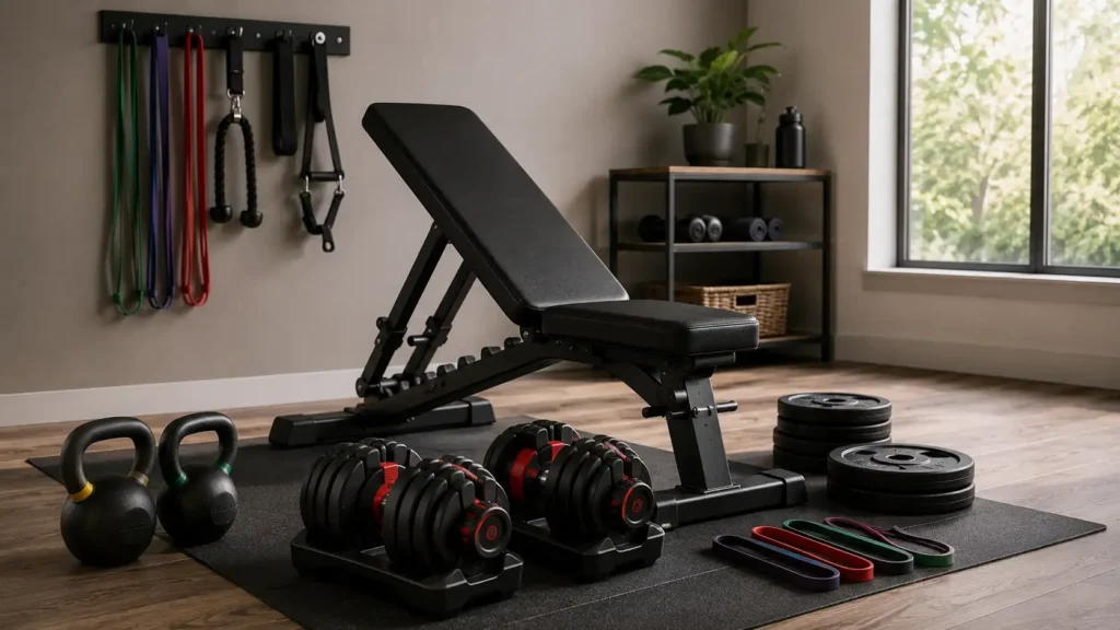 Home strength training setup with adjustable dumbbells, kettlebells, weight plates and workout bench