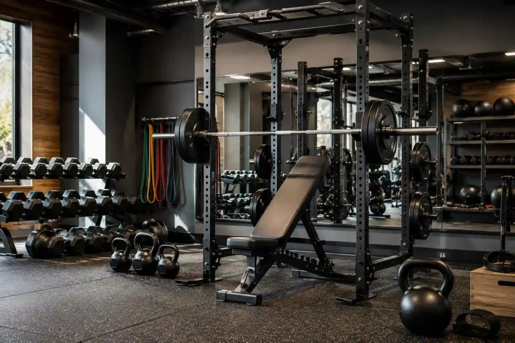 Strength training gym equipment with power rack, barbell, dumbbells, kettlebells, and weight bench