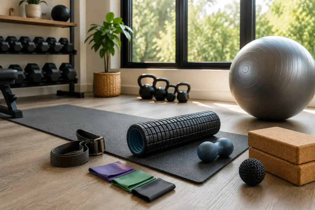 Flexibility and recovery gym equipment including yoga mat, foam roller, resistance bands, and yoga blocks