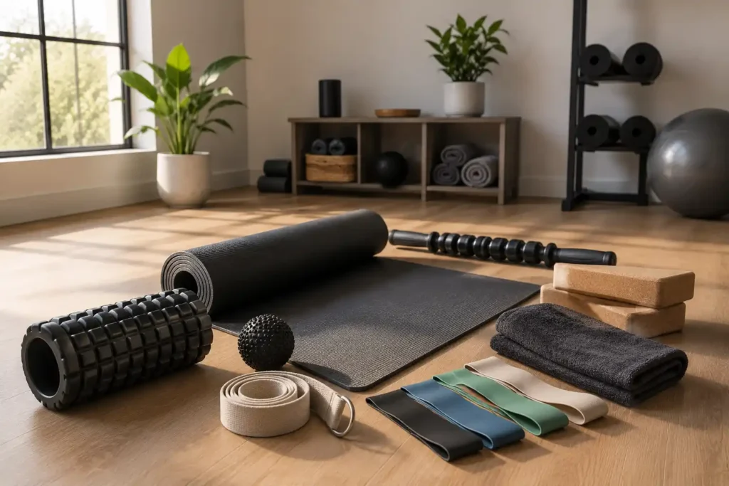 Yoga mat, foam roller, stretching strap, and mobility accessories for workout recovery.