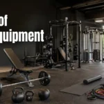 Types of gym equipment including weights, cardio machines, and strength training equipment in a modern gym