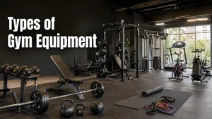 Types of gym equipment including weights, cardio machines, and strength training equipment in a modern gym
