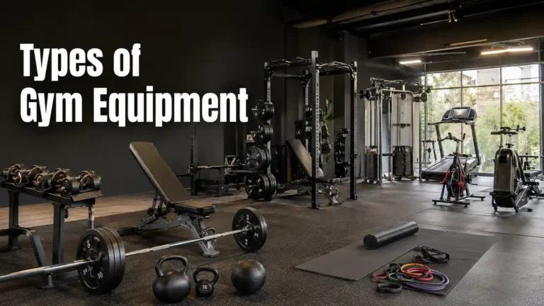 Types of gym equipment including weights, cardio machines, and strength training equipment in a modern gym