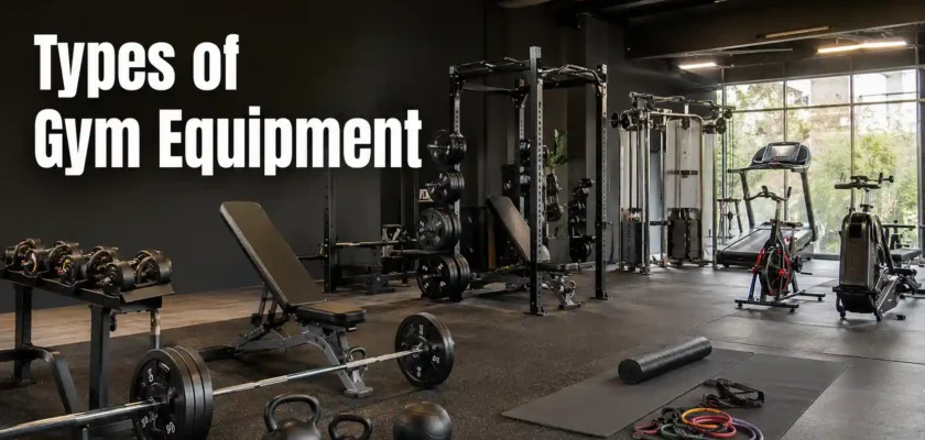 Types of gym equipment including weights, cardio machines, and strength training equipment in a modern gym