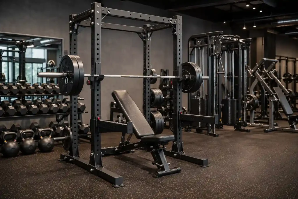 Commercial strength training equipment in a modern professional gym