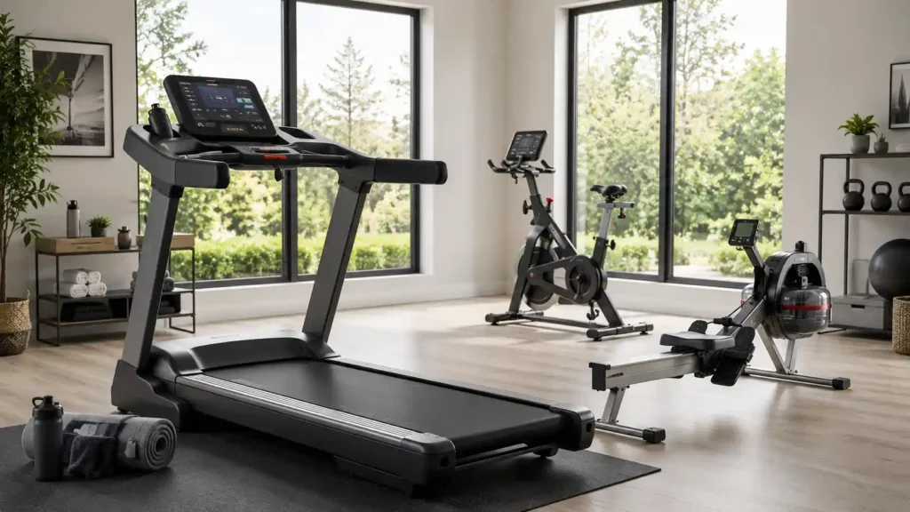 Cardio gym equipment including treadmill, exercise bike, elliptical, and rowing machine
