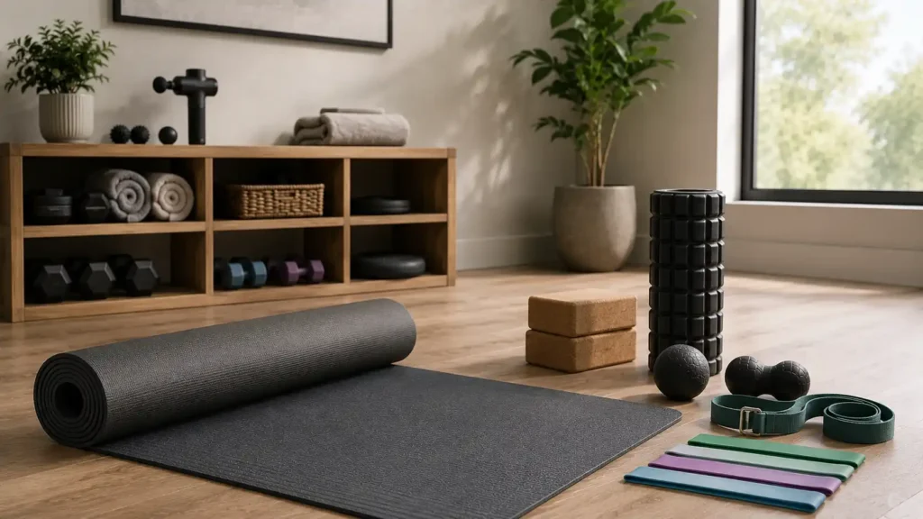 Home gym mobility and recovery equipment with yoga mat, foam roller, resistance bands and stretching accessories