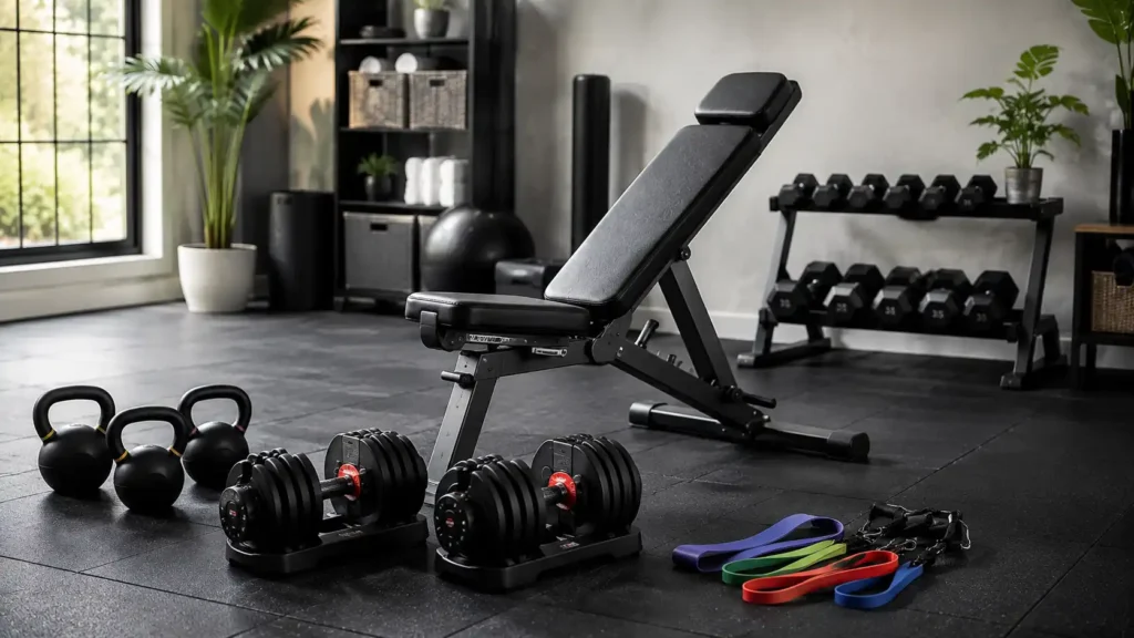 Home strength training equipment with adjustable dumbbells bench and kettlebells
