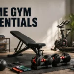 Modern home gym with essential workout equipment including dumbbells, bench, kettlebells and resistance bands