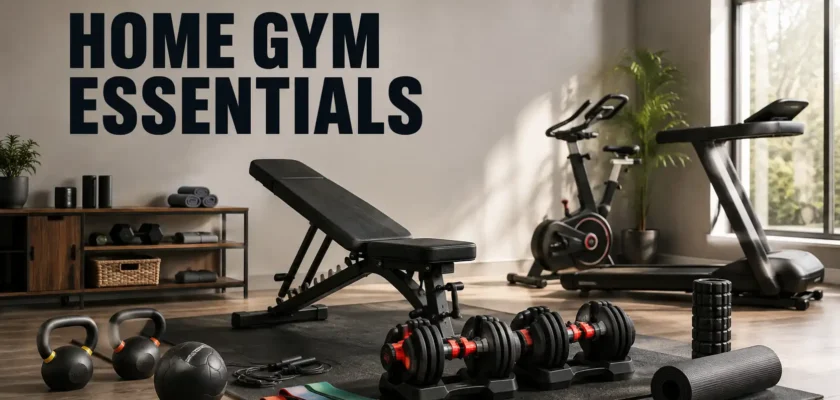 Modern home gym with essential workout equipment including dumbbells, bench, kettlebells and resistance bands