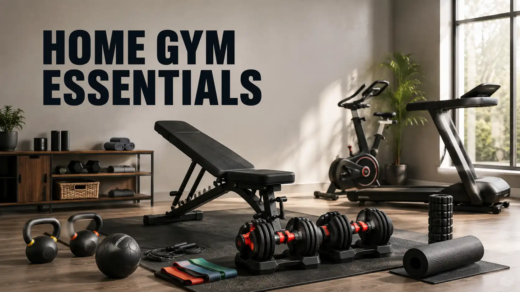 Modern home gym with essential workout equipment including dumbbells, bench, kettlebells and resistance bands