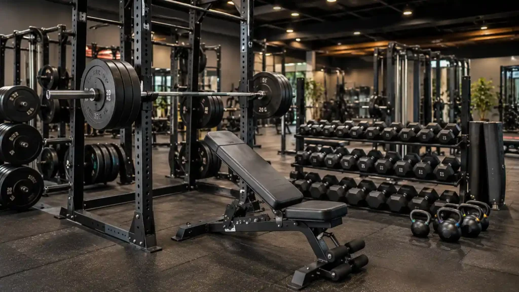 Power rack, barbell, bench and dumbbells in a modern gym