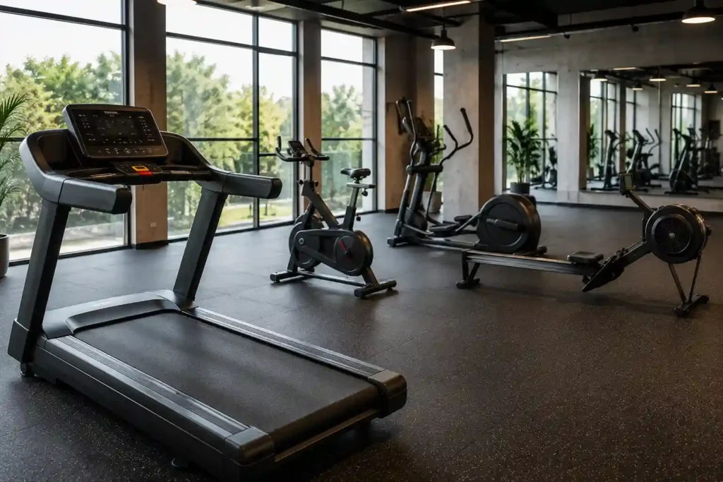 Cardio gym equipment including treadmill, exercise bike, elliptical, and rowing machine
