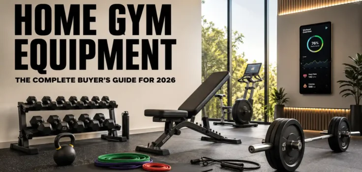 Home gym equipment setup with dumbbells, bench, weights, cardio machine and smart fitness technology