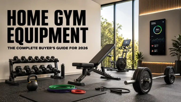 Home gym equipment setup with dumbbells, bench, weights, cardio machine and smart fitness technology