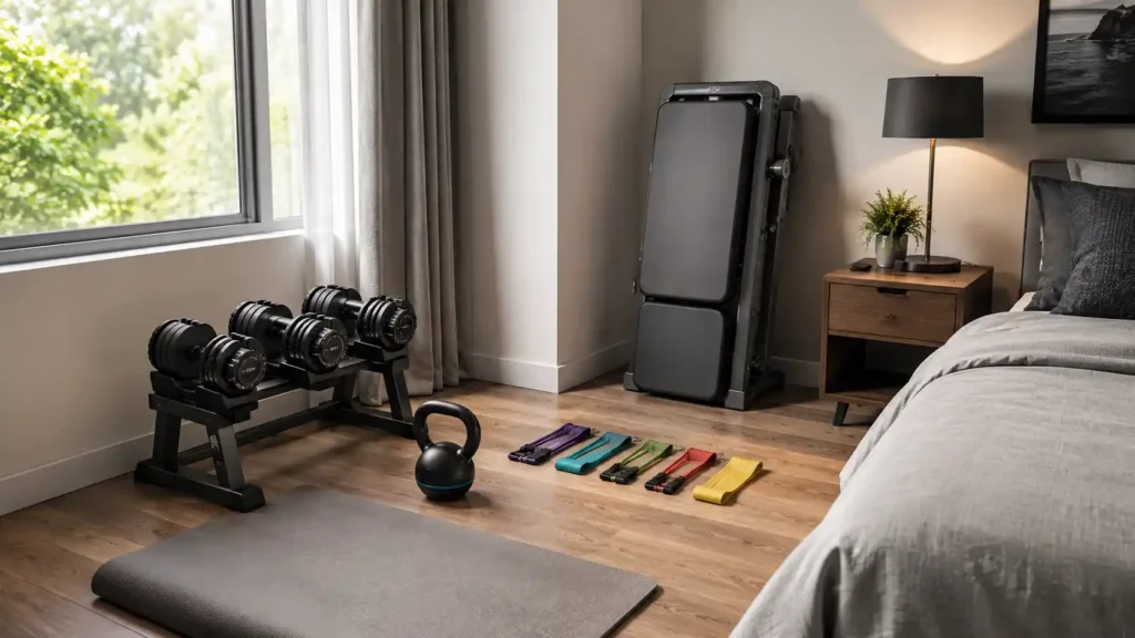 Essential beginner home gym equipment including adjustable dumbbells, resistance bands, bench, kettlebell and exercise mat