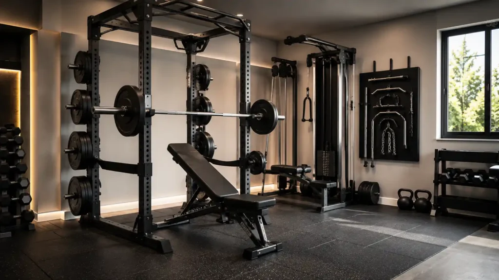 Modern home strength training gym with power rack, barbell, weight plates, bench and cable equipment