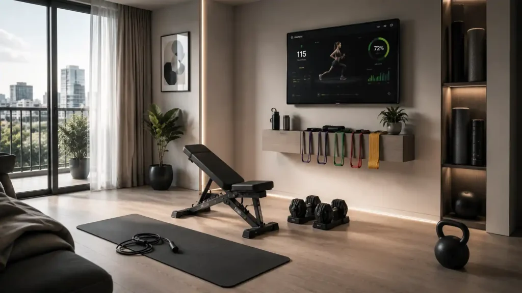 Smart connected home gym equipment with digital workout tracking in a compact modern living space