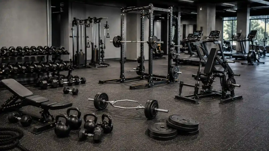 Different types of gym equipment including dumbbells, barbells, weight plates, racks, cable machines, and cardio equipment.