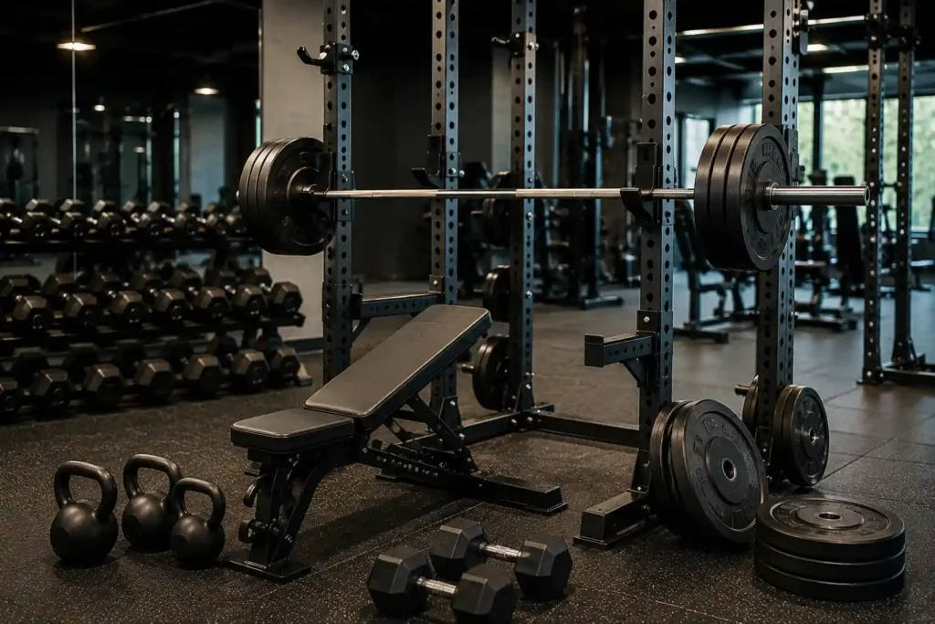Strength training equipment with a power rack, barbell, weight bench, dumbbells, kettlebells, and weight plates.