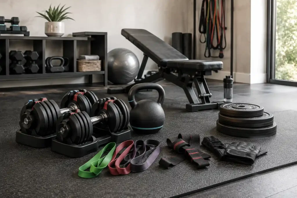 Strength training accessories with adjustable dumbbells, kettlebell, resistance bands, and lifting gear.
