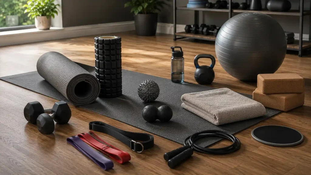Flexibility and recovery gym equipment including yoga mat, foam roller, resistance bands, and yoga blocks