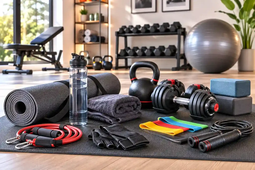 Essential workout accessories including resistance bands, dumbbells, kettlebell, and yoga blocks.